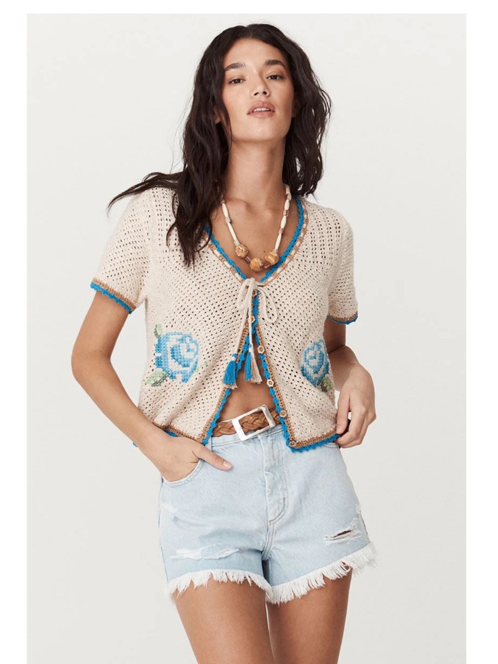 Spell Beige Crochet Rose Cardigan with Blue Trim